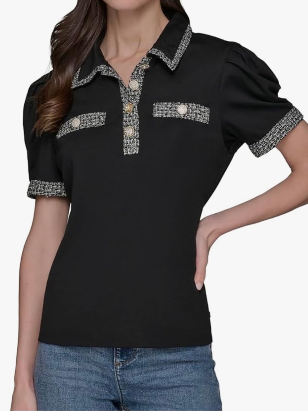 NWT Karl Lagerfeld Short Sleeve Tweed Collar Soft Polo Top/Shirt Size L